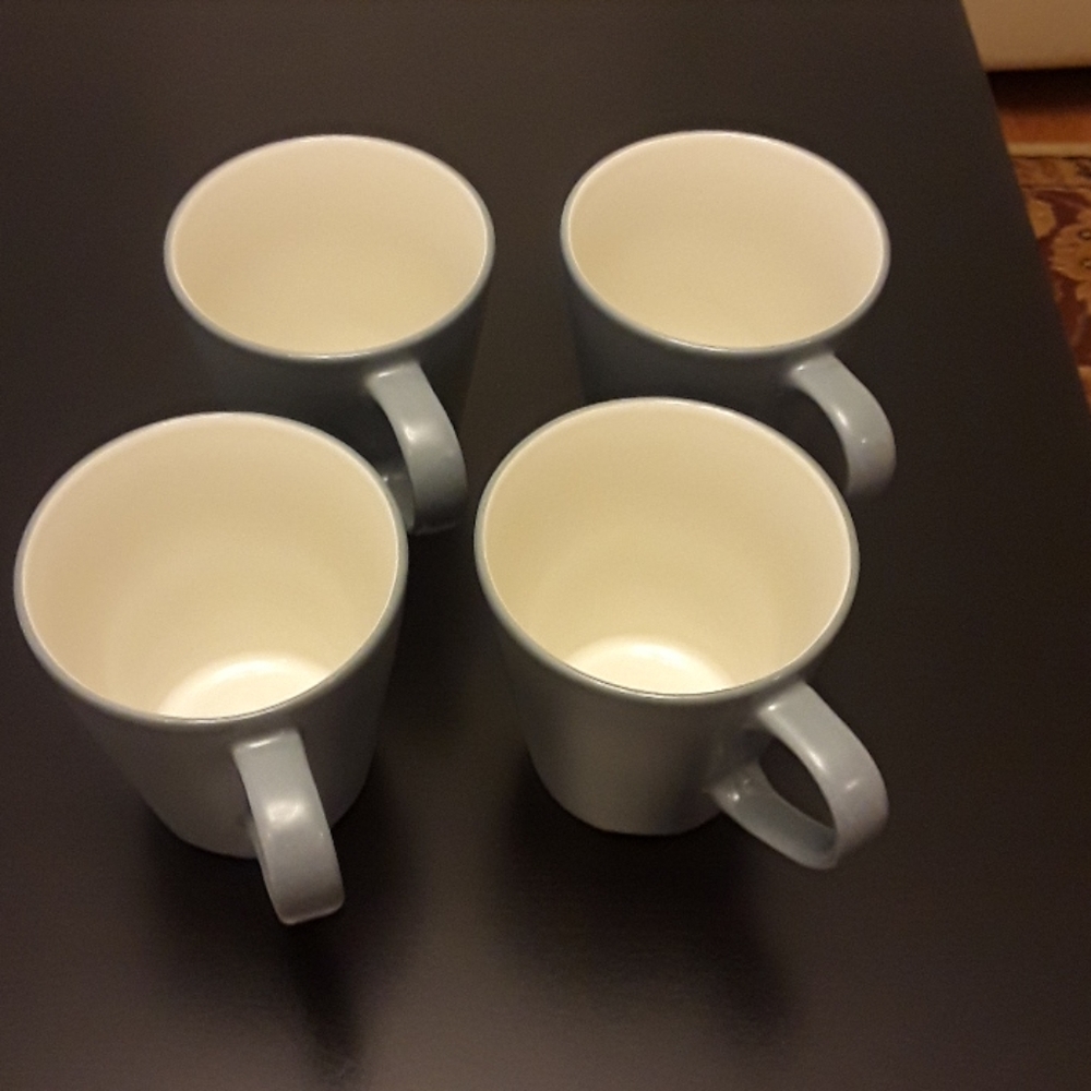 4 pack Mug, 10 oz gray-blue exterior/ beige.